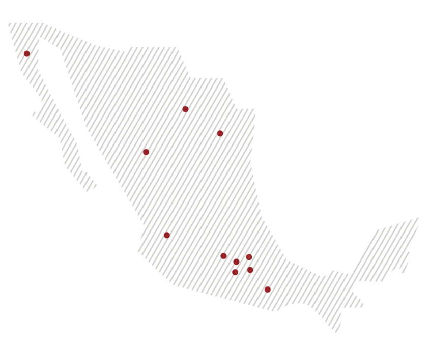 Mapa de México con puntos situados en los estados en que Documenta trabaja